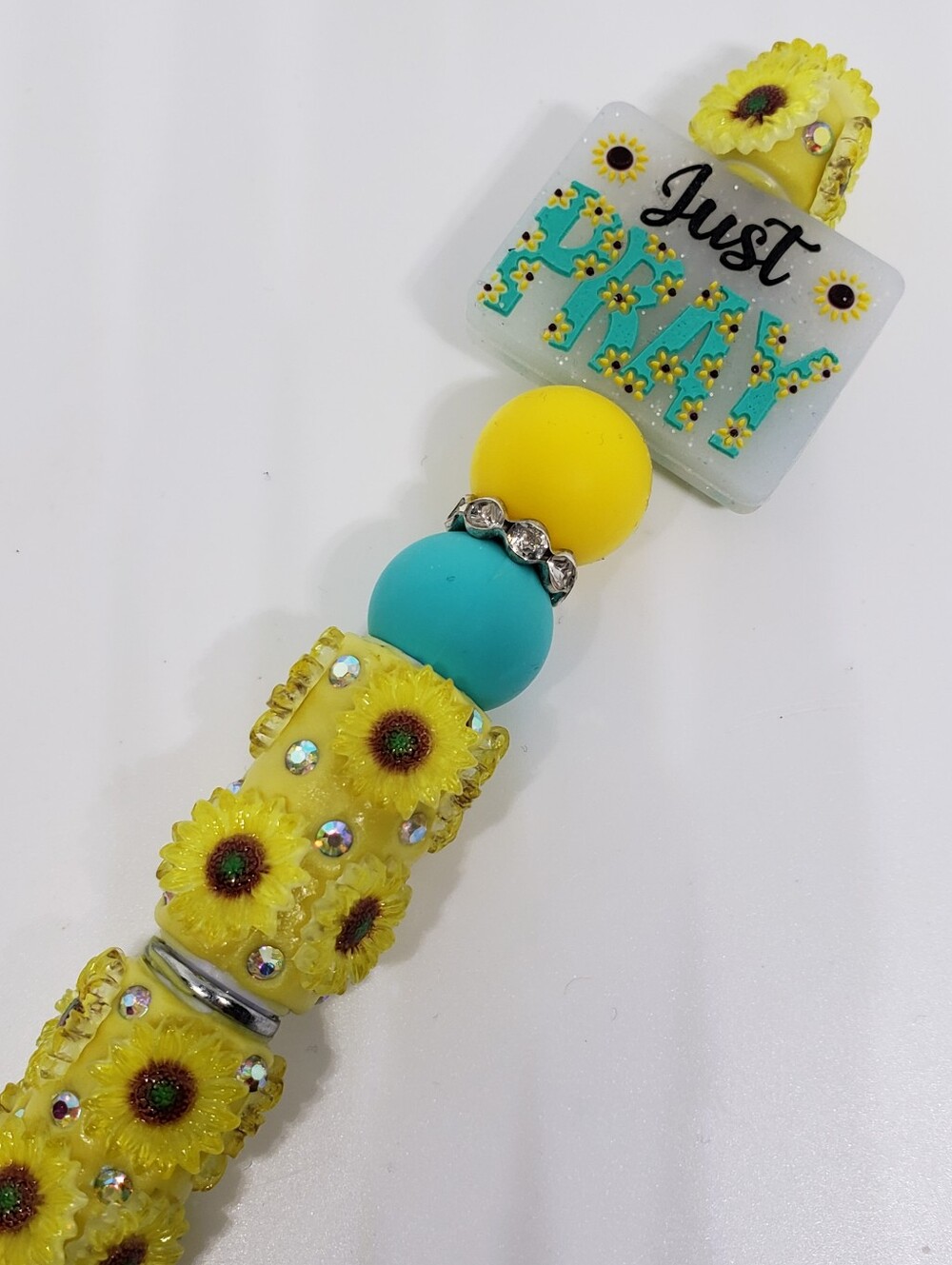 Handmade 3D Yellow Rhinestone Just Pray Sunflower Beaded Silicone Focal Bead Pen